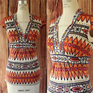 Trina Turk Womens Blouse, Silk,  Size 0, Tribal Pattern in Orange and Navy